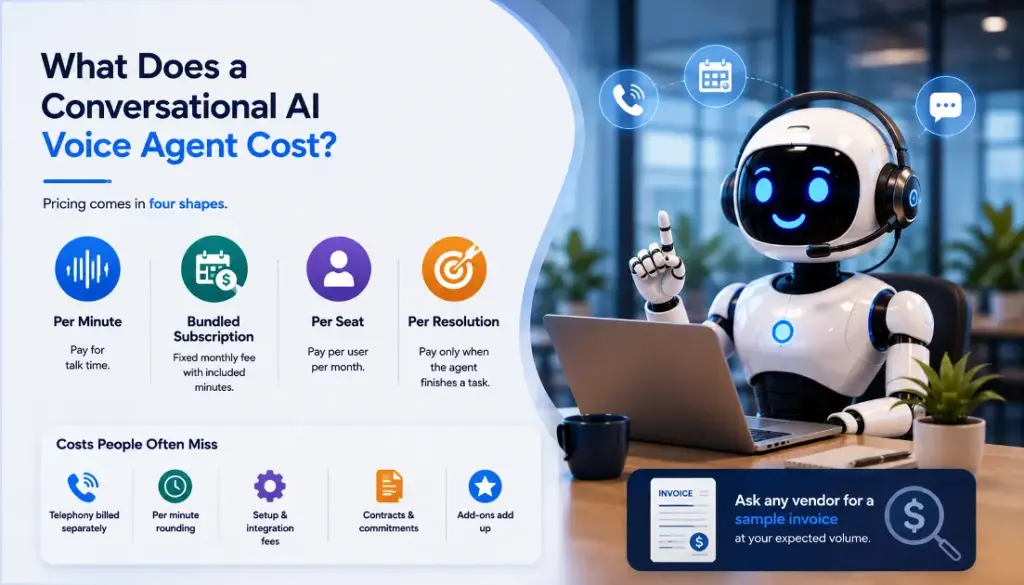 Pricing comparison showing the cost of a conversational AI voice agent versus a human receptionist for business call handling.