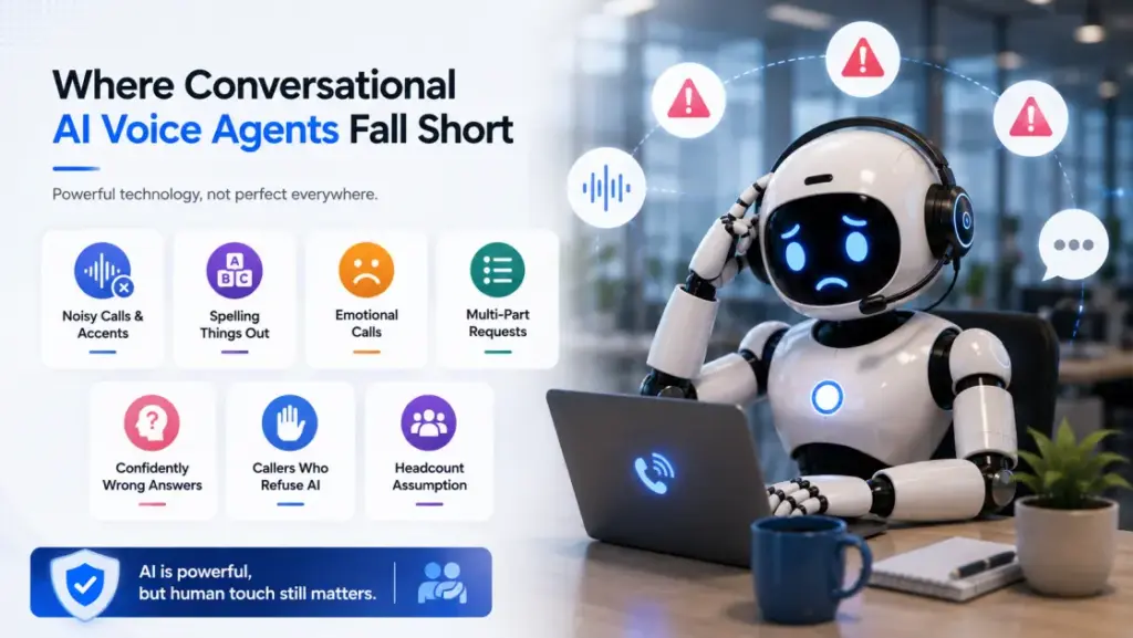Illustration showing the limitations of conversational AI voice agents, including background noise, complex conversations, emotional calls, and speech recognition challenges.