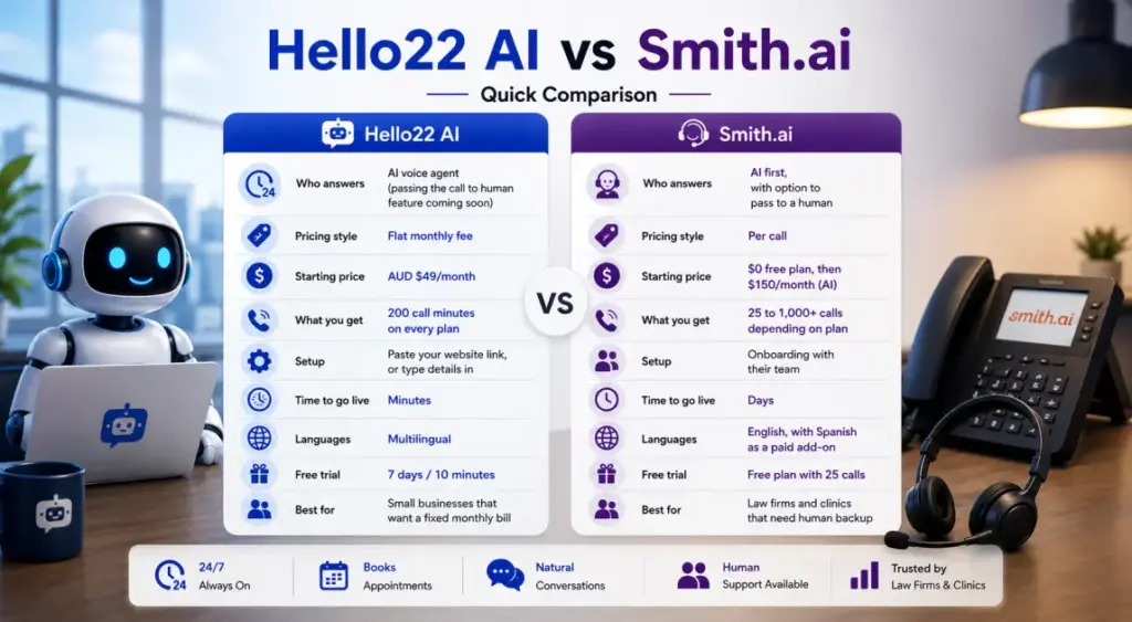 Hello22 AI vs Smith.ai: Quick Comparison 