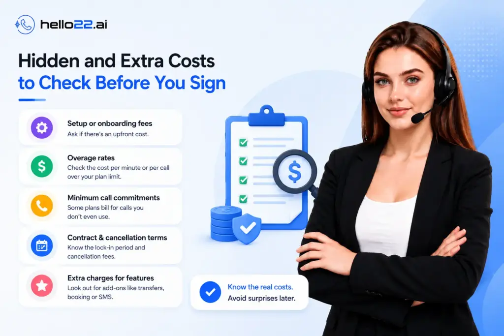 Business owner reviewing a virtual receptionist pricing agreement and checking for hidden fees, extra charges, and contract costs.